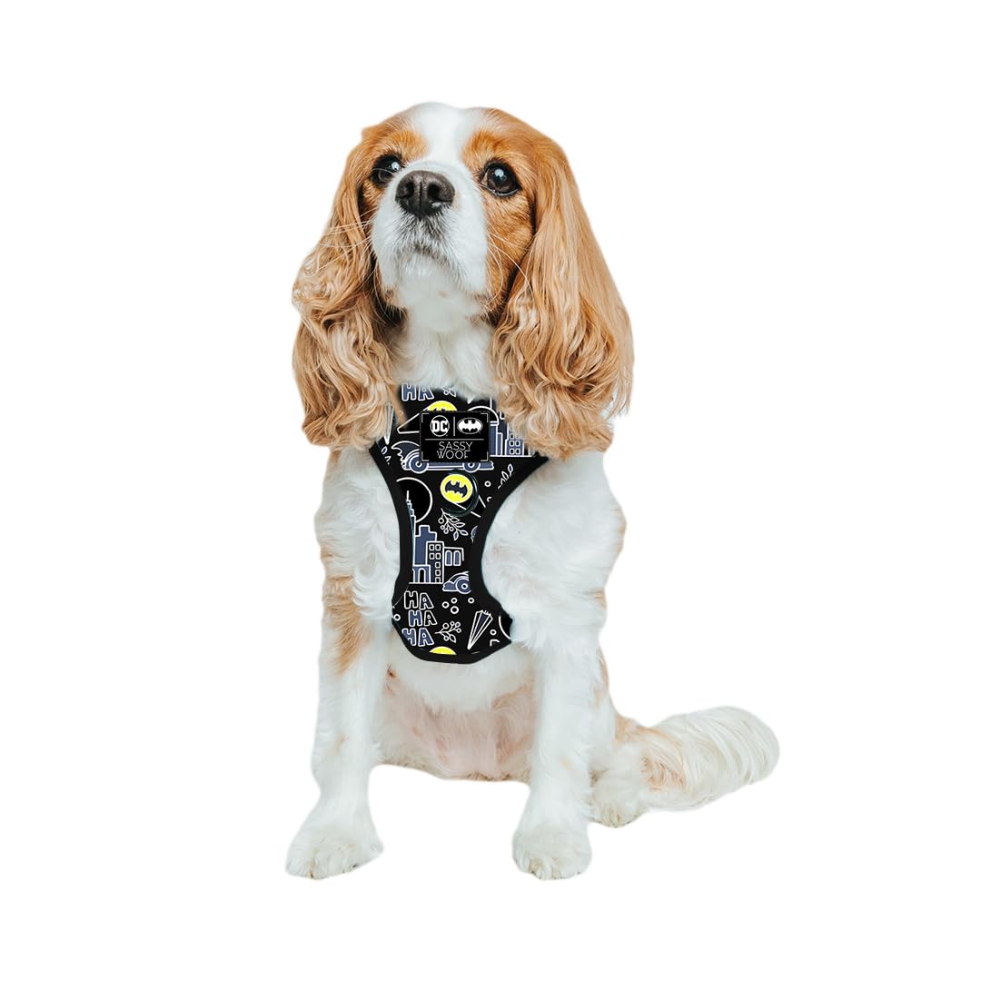 Harnais Sassy Woof Batman avec anneau dorsal, sécurité renforcée lors des promenades.