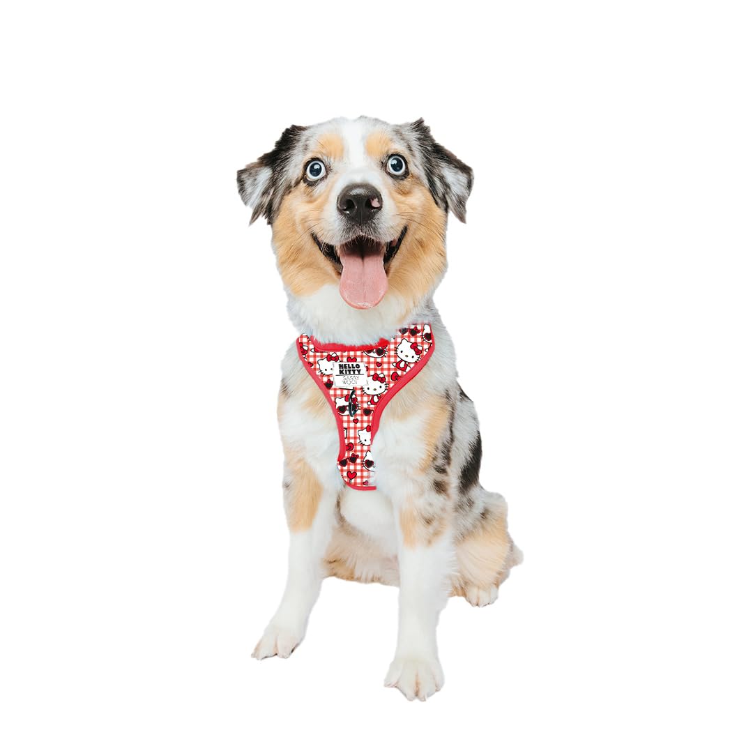 Harnais Sassy Woof ajustable Hello Kitty rouge moyen – confort et style pour les promenades.