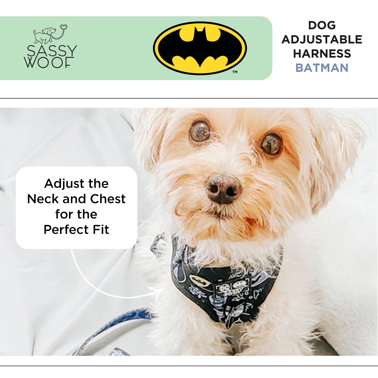 Harnais Sassy Woof Batman™ en néoprène imprimé, durable et élégant.