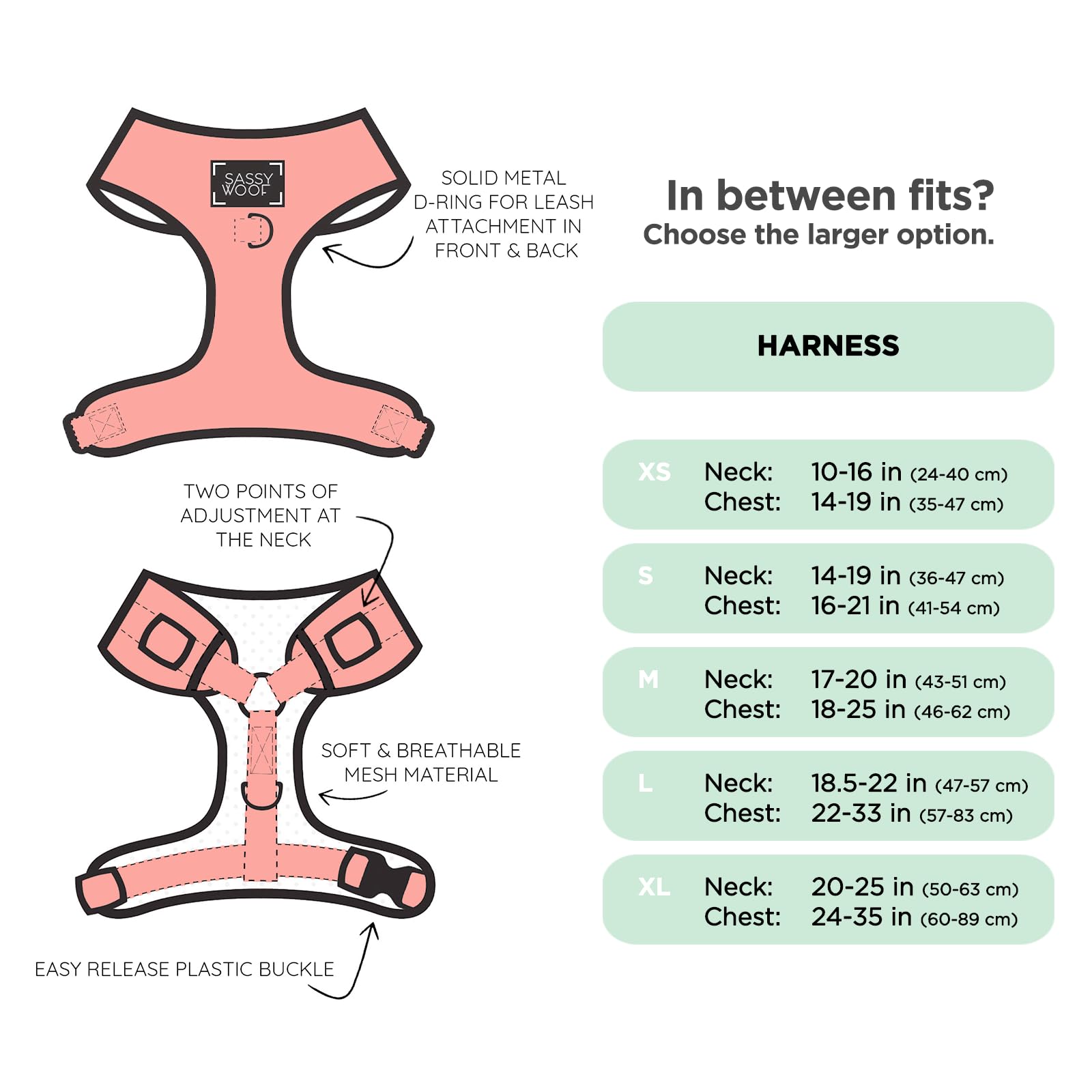 Harnais Sassy Woof taille M réglable, ajustement confortable pour chiots et chiens moyens.