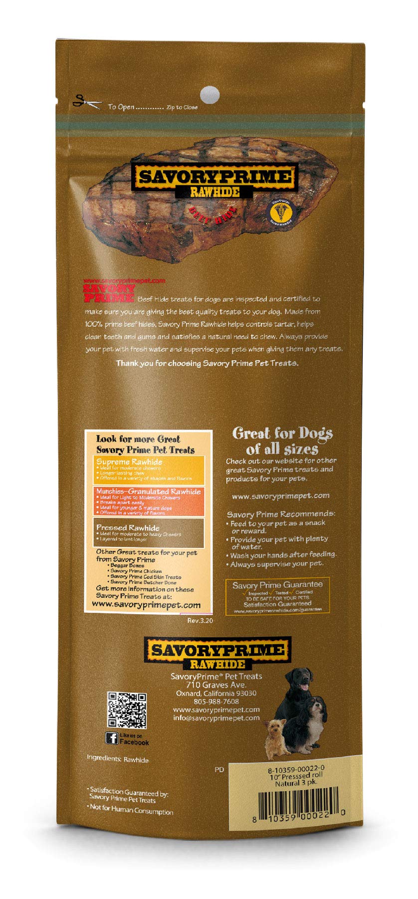 Savory Prime rouleau pressé 10 pouces naturel — idéal pour satisfaire le besoin de mâcher du chien