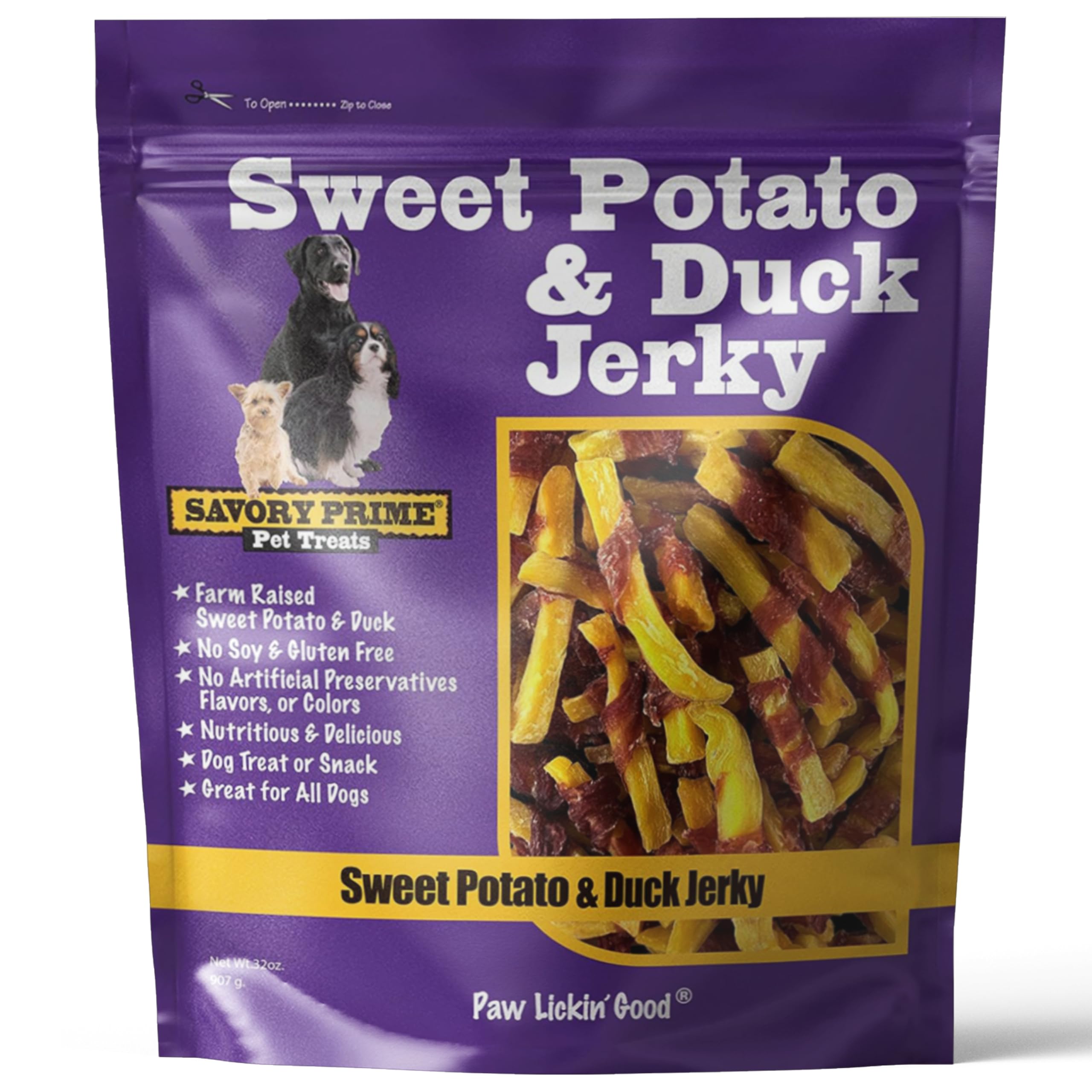 Friandise Savory Prime canard-patate-douce jerky enroulé, protéine de haute qualité pour chiens.