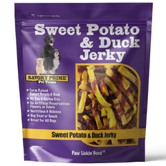 Friandise Savory Prime canard-patate-douce jerky enroulé, protéine de haute qualité pour chiens.