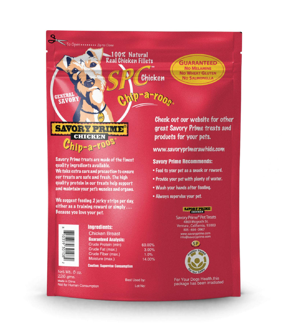 Savory Prime Chicken Chip-A-Roos — texture croustillante, snack protéiné pour chiens.