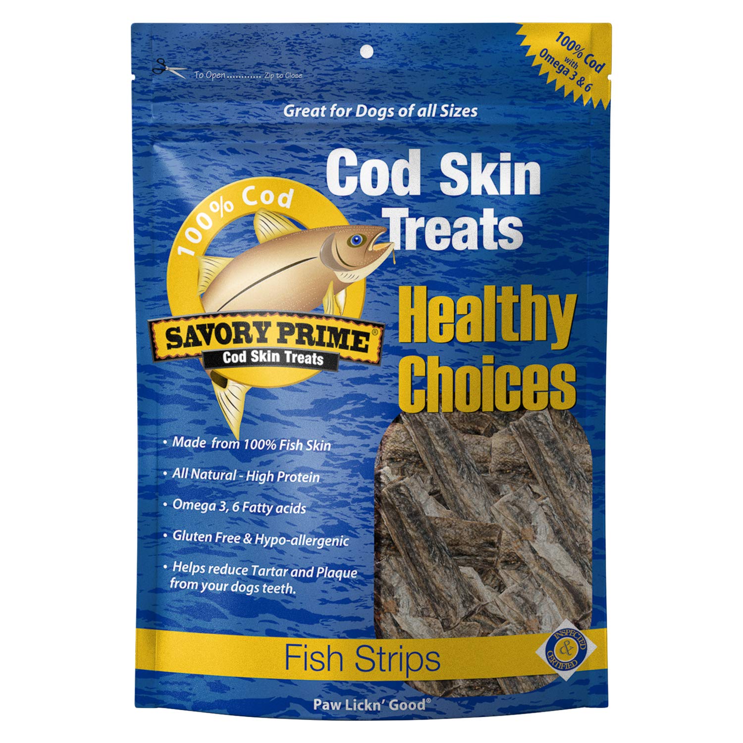 Savory Prime tranches de peau de morue en emballage 8 oz, protéine naturelle.