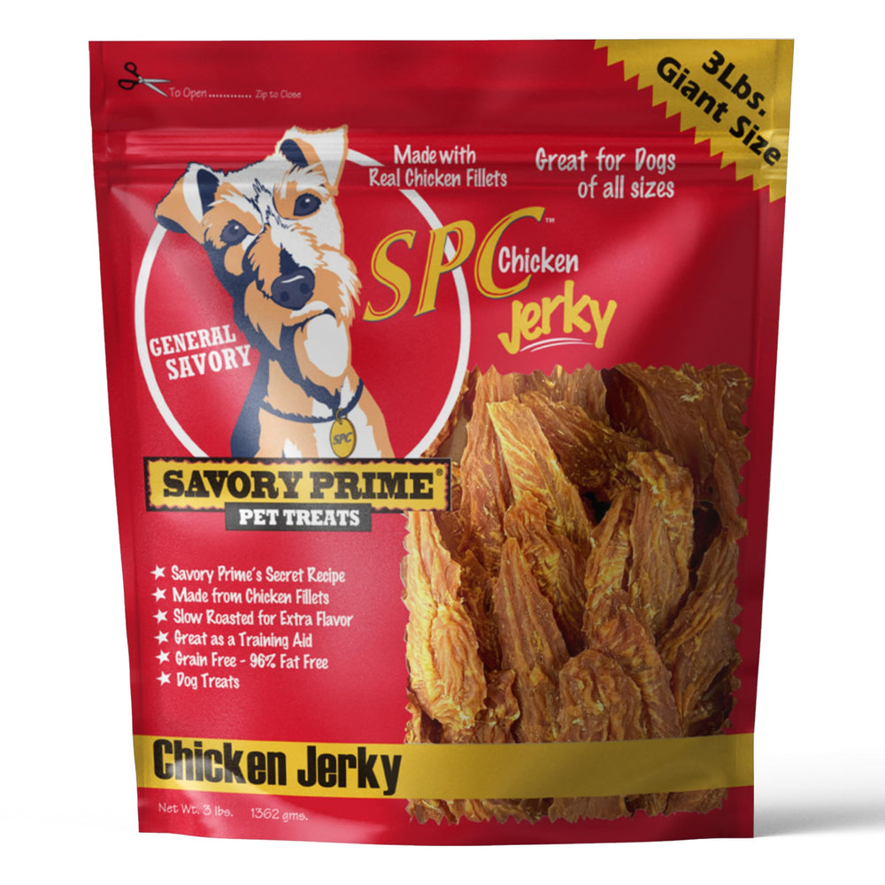 Savory Prime Jerky de poulet — emballage visible, friandise naturelle prête à l'apprentissage.