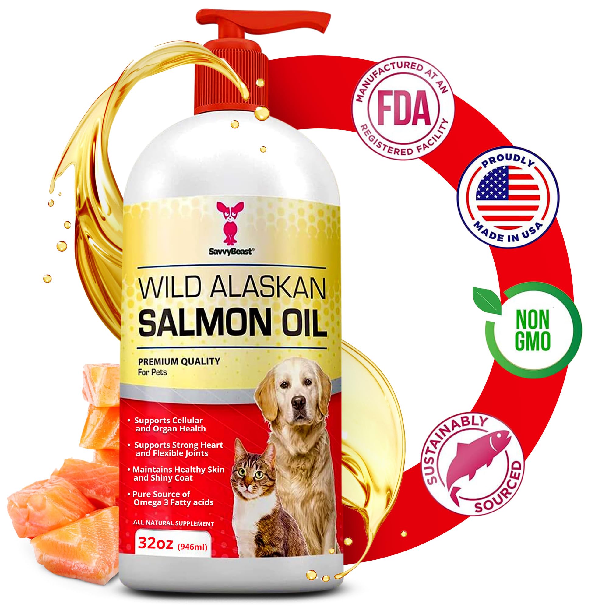 SavvyBeast huile saumon Alaska pour chiens — peau saine et pelage brillant.