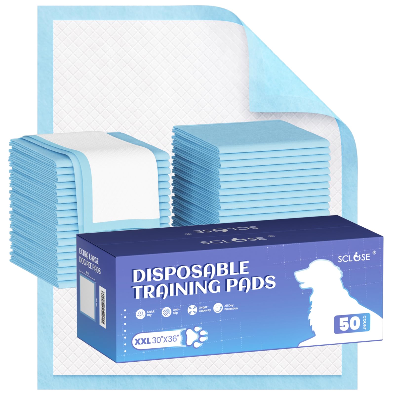 SCLOSE – emballage du pack de 50 tapis absorbants pour chiens.