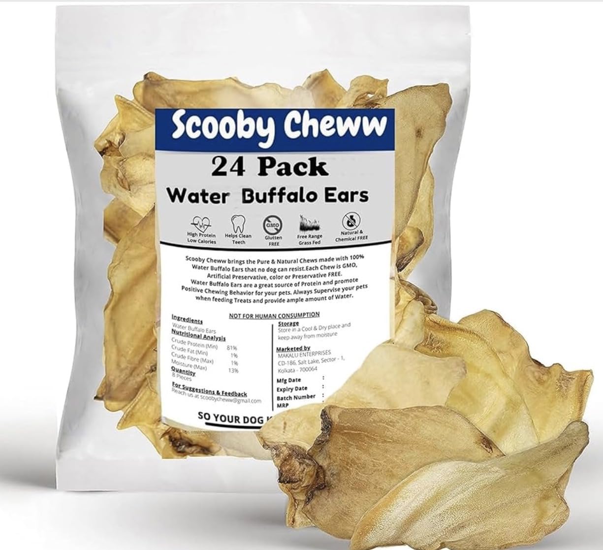Scooby Cheww – oreilles-buffle-naturelles, friandise protéinée idéale pour chiens actifs.