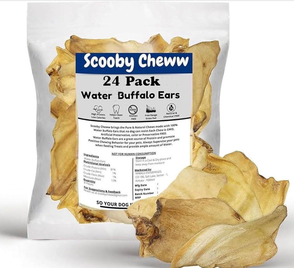 Scooby Cheww – oreilles-buffle-naturelles, friandise protéinée idéale pour chiens actifs.
