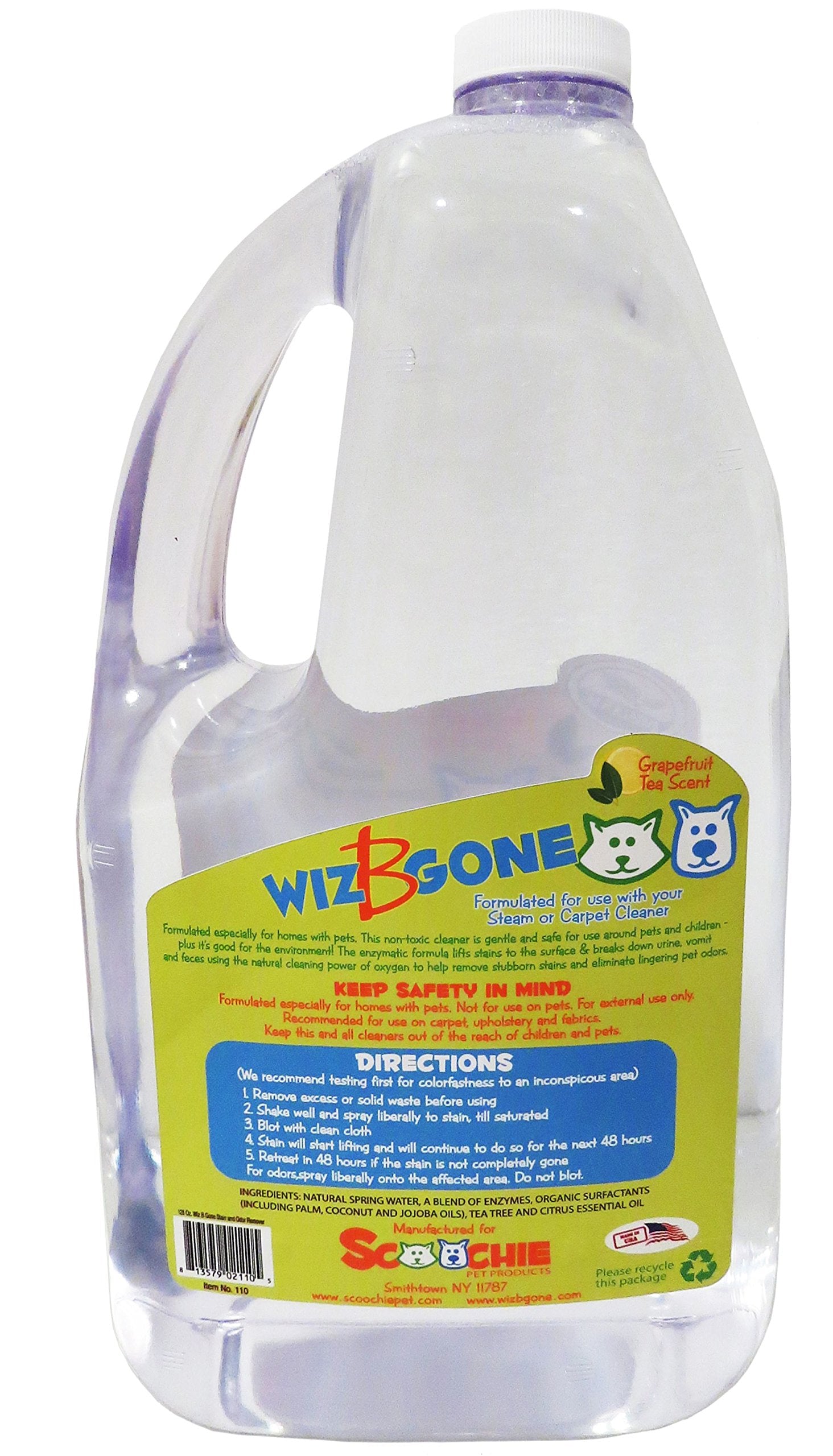 Scoochie Pet Wiz B Gone étiquette et flacon, idéal pour traiter taches tenaces et odeurs