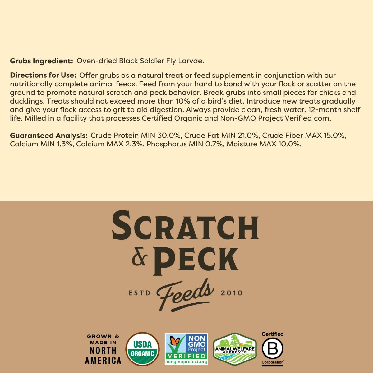 Scratch and Peck Grubs: friandise durable pour oiseaux et animaux domestiques.