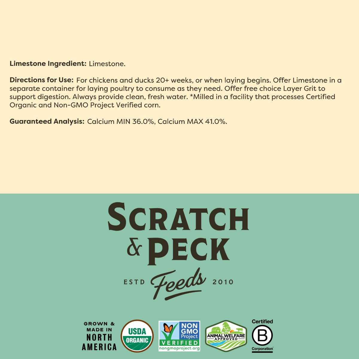 Scratch and Peck Feeds Limestone, bol mélangé, soutien possible à l'équilibre nutritionnel.