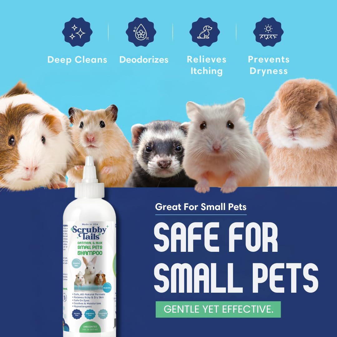 Pelage brillant après Shampoing Scrubby Tails pour petits animaux, toucher soyeux.