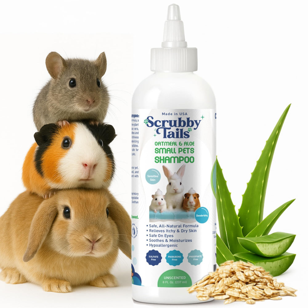 Shampoing Scrubby Tails à l’avoine et aloe vera nettoyant en douceur les petits animaux.