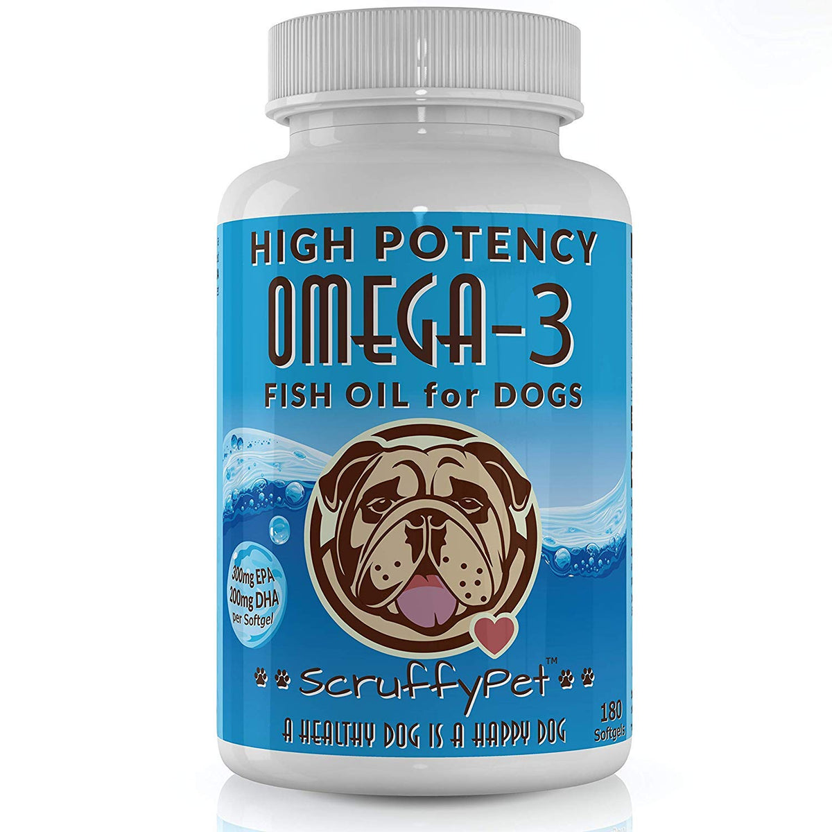 ScruffyPet huile omega-3 chien, bouteille, favorise un pelage sain et mobilité