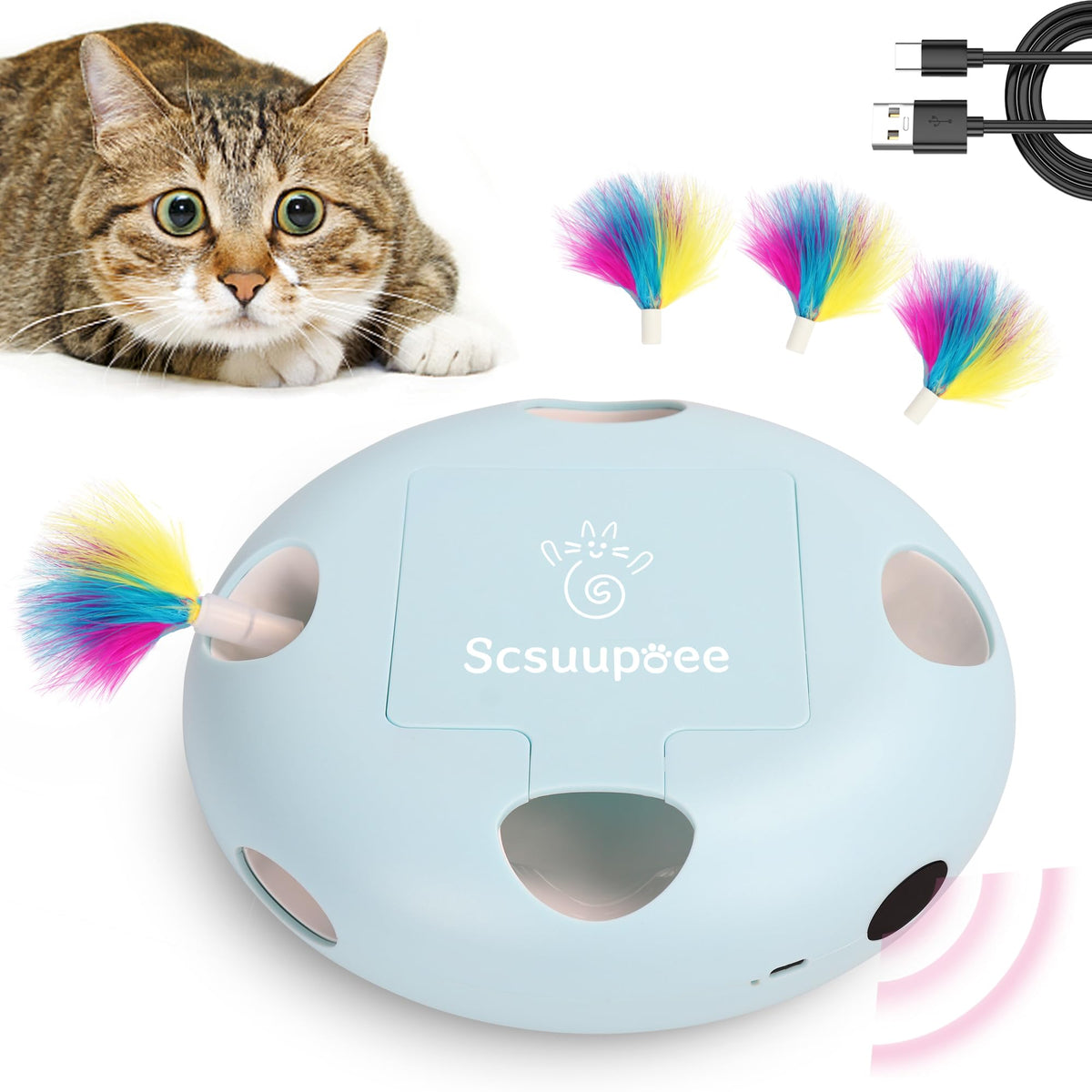 Jouet interactif Scsuupoee pour chaton, rechargeable et stimulant l’instinct de chasse.