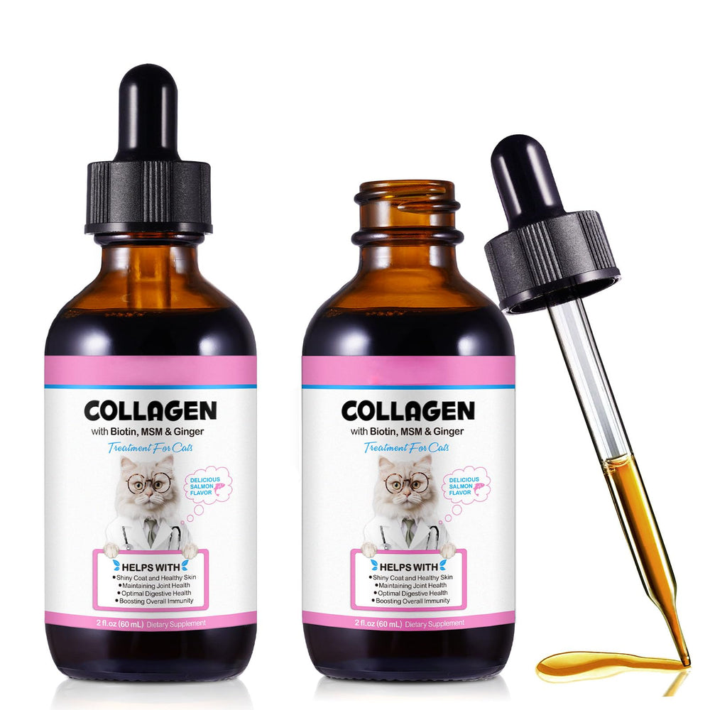 SDJUFEI Collagen pour chats: gouttes en bouteille de verre, pelage brillant et vitalité.
