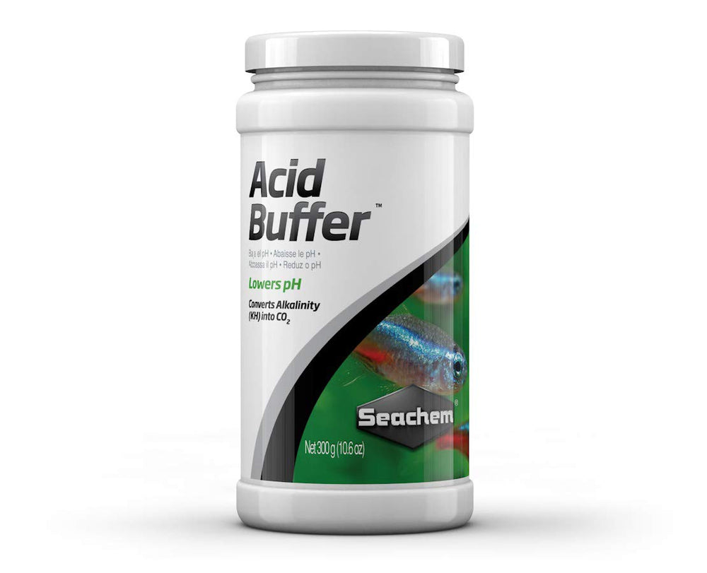 Seachem Acid Buffer 300g, bouteille visible, ajustement possible du pH pour aquarium.