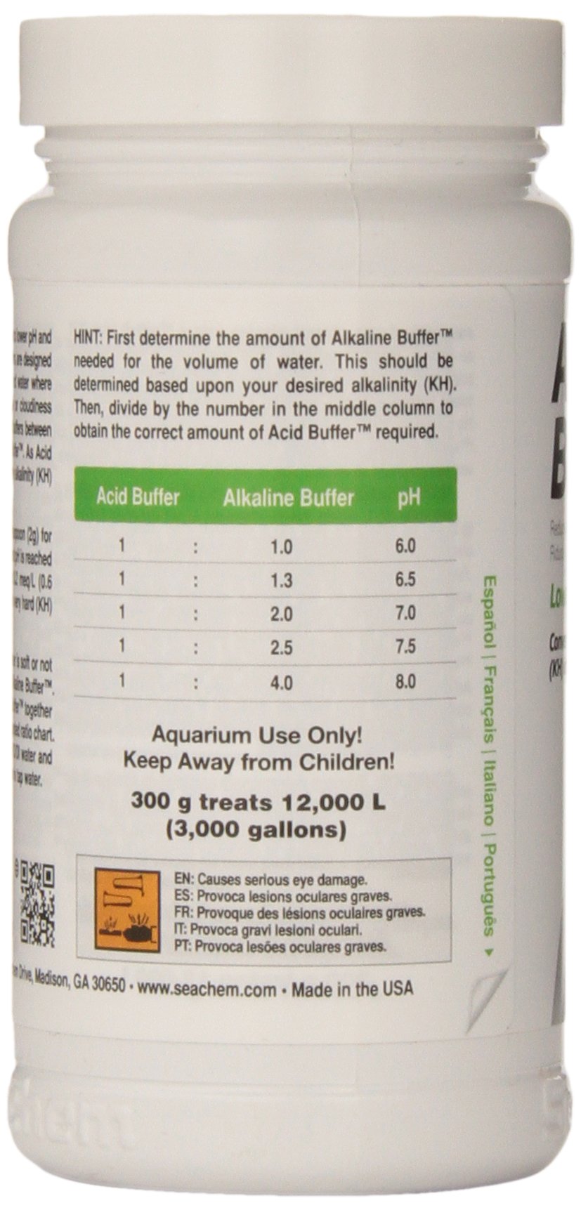 Seachem Acid Buffer 300g, dosage dans un aquarium pour stabiliser le pH.