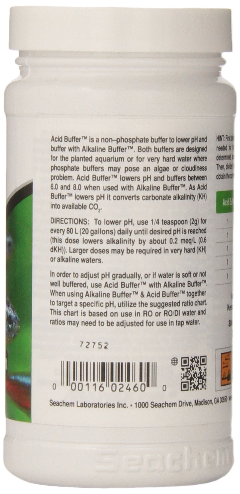 Seachem Acid Buffer – étiquette et instructions claires pour le réglage du pH.