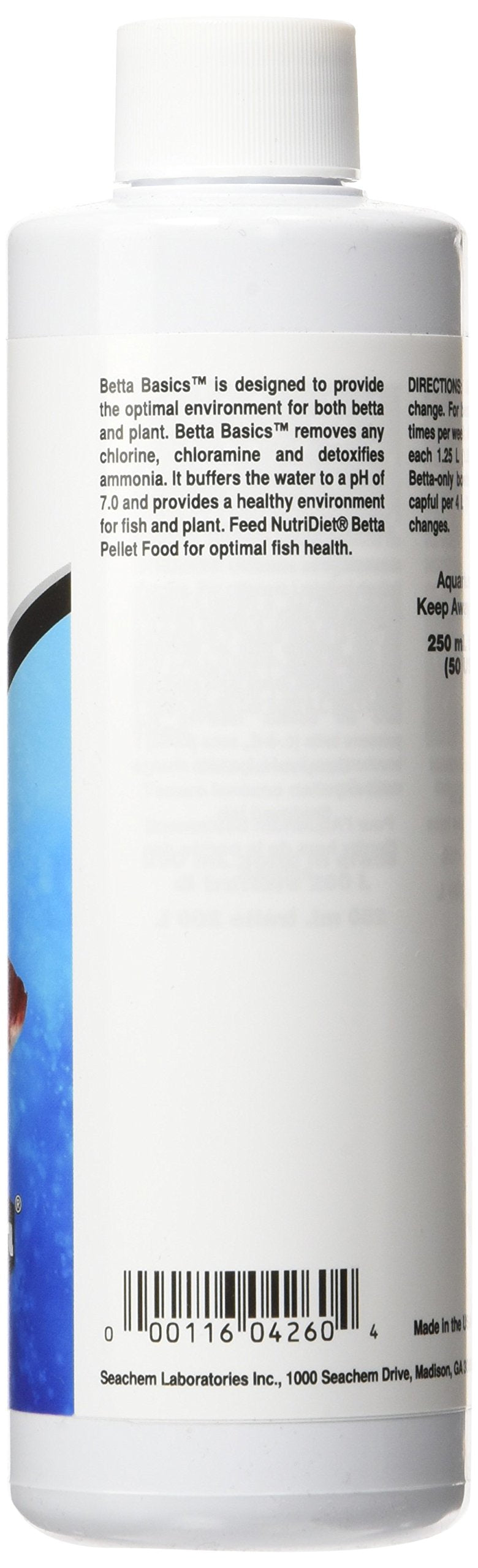 Étiquette Betta Basics montrant neutralisation du chlore et de l’ammoniaque