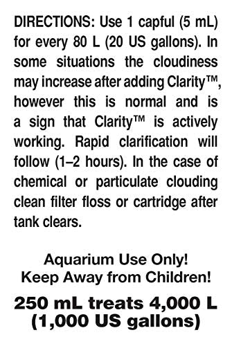 Seachem Clarity: etiquette du produit indiquant l'utilisation en aquarium.