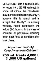 Seachem Clarity: etiquette du produit indiquant l'utilisation en aquarium.