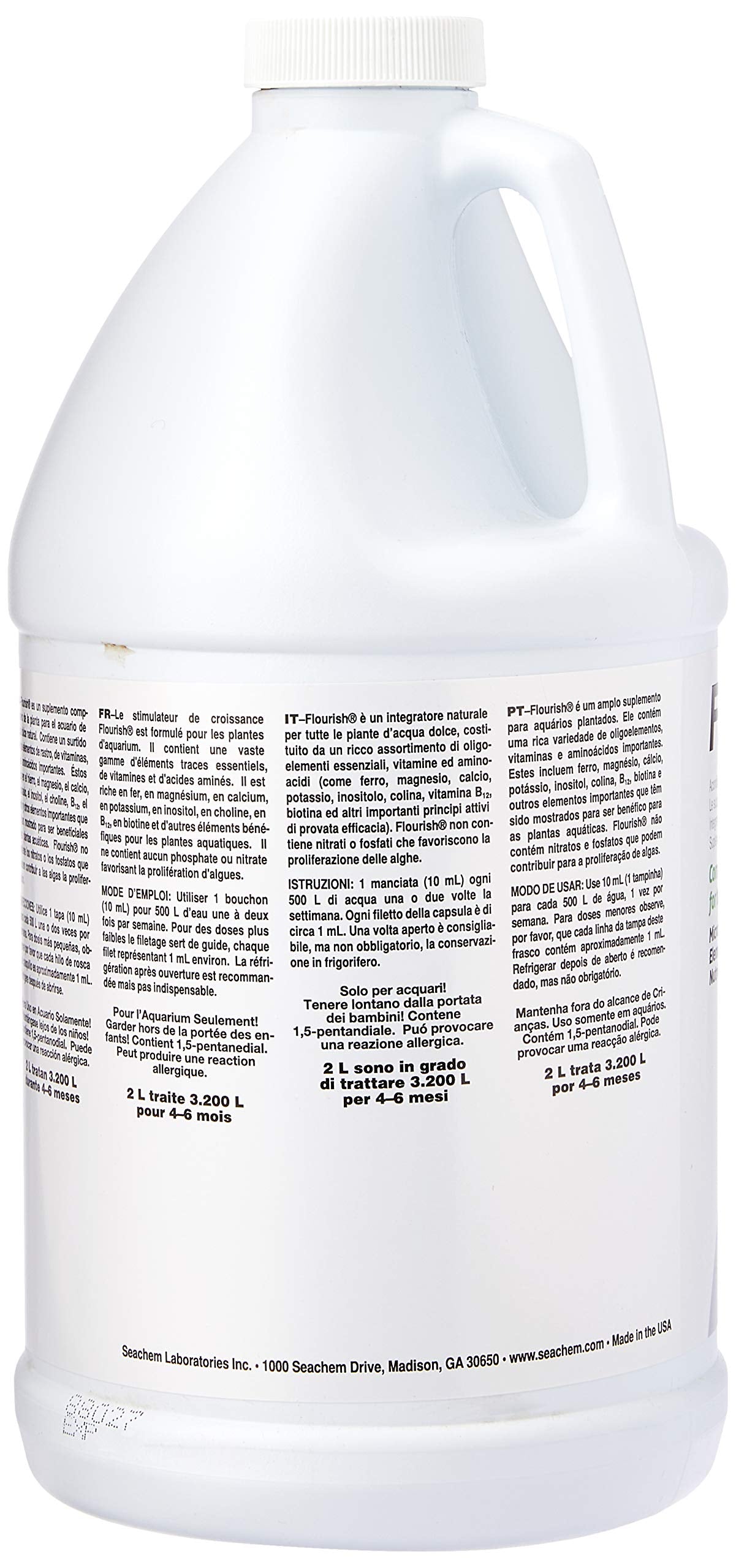 Étiquette et bouteille Seachem Flourish montrant les nutriments.