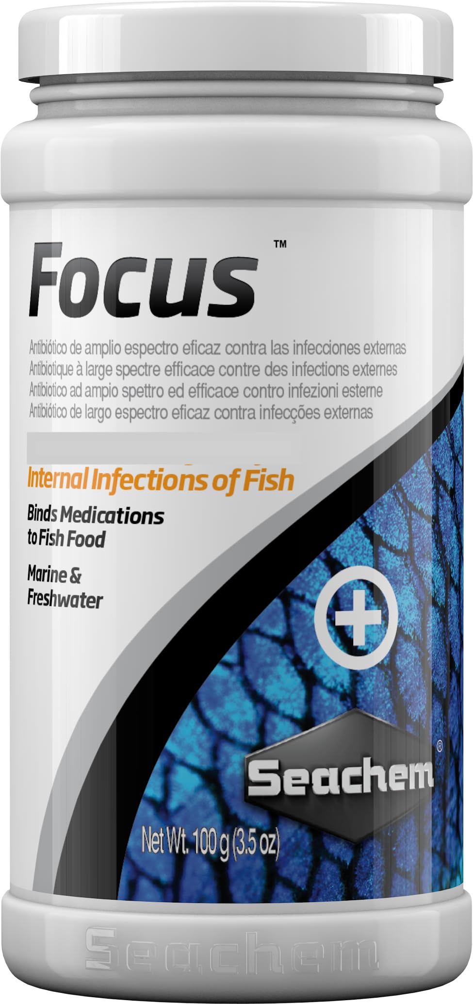 Seachem Focus poudre en flacon, facilite l’ingestion des traitements chez les poissons d’ornement.
