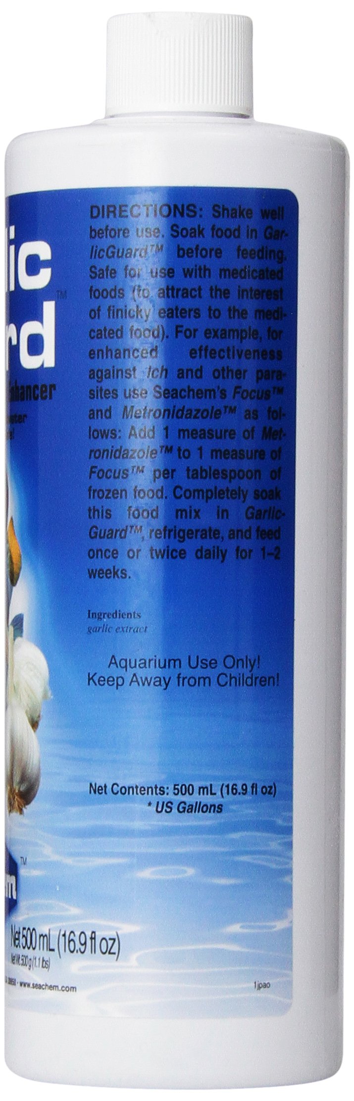 Seachem Garlic Guard : étiquette indiquant l'utilisation pour aquariums récif et plantés.