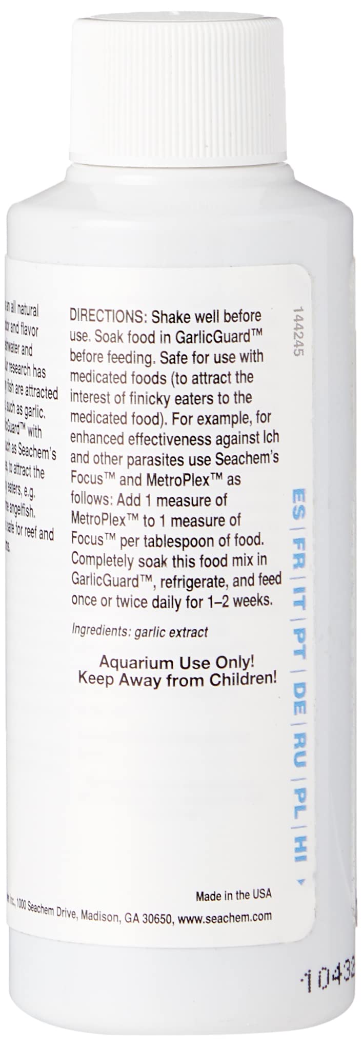 Seachem Garlic Guard, enrichissement aromatique pour aliments de récifs et plantes aquatiques.