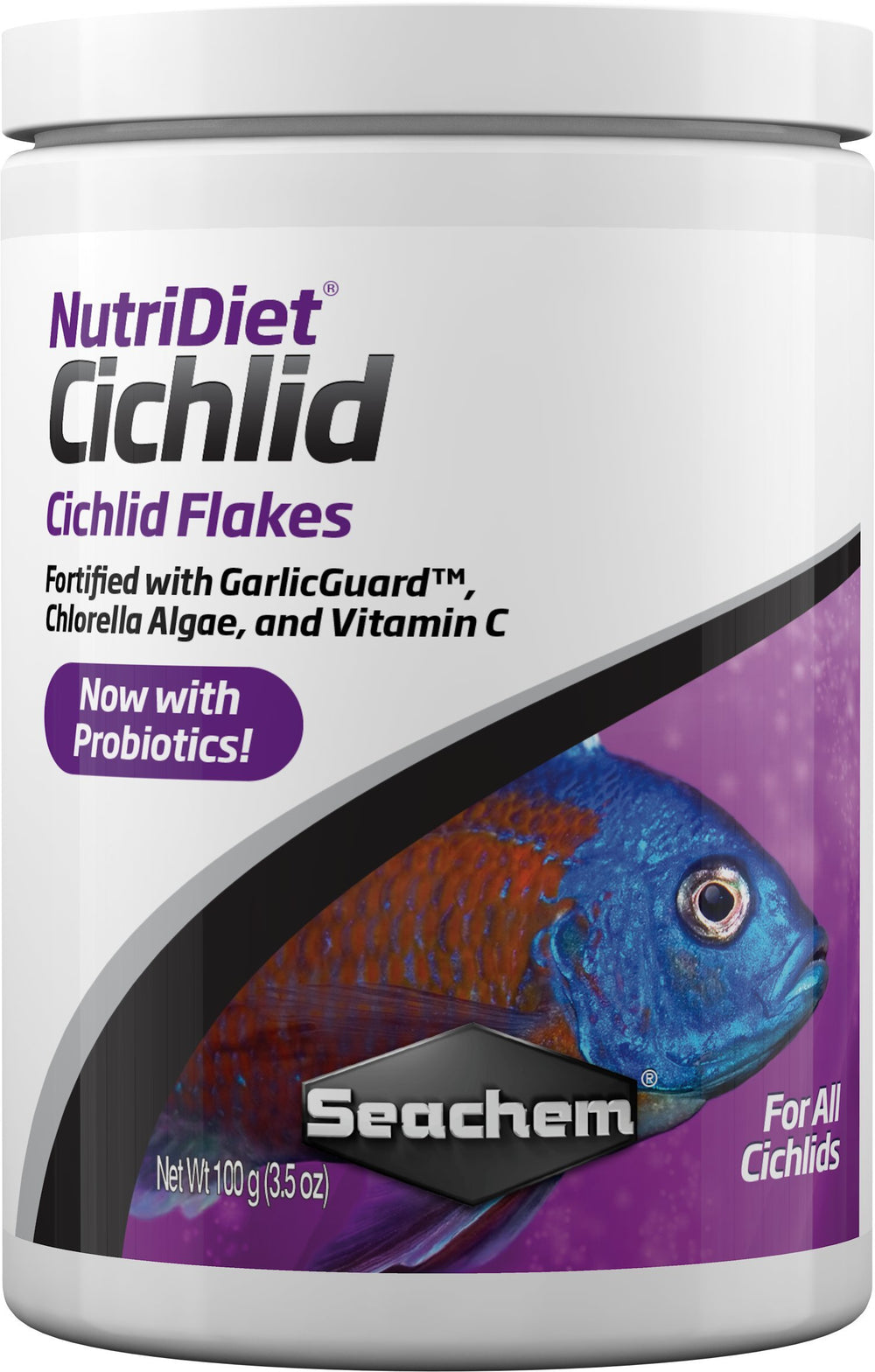 NutriDiet Cichlid Flakes par Seachem, emballage prêt à l’emploi et dosage facile.