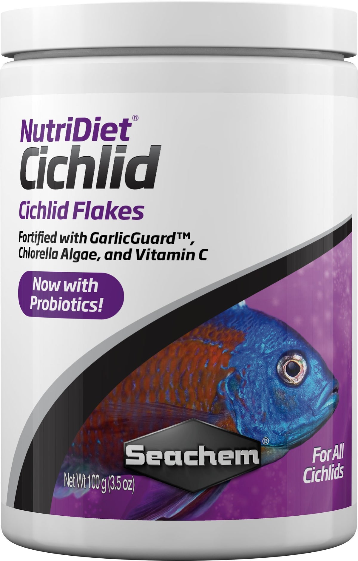 NutriDiet Cichlid Flakes par Seachem, emballage prêt à l’emploi et dosage facile.