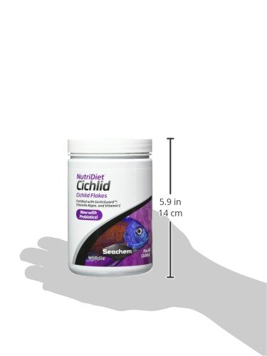 NutriDiet Cichlid Flakes par Seachem, flocons texturés favorisant digestion et absorption des nutriments.