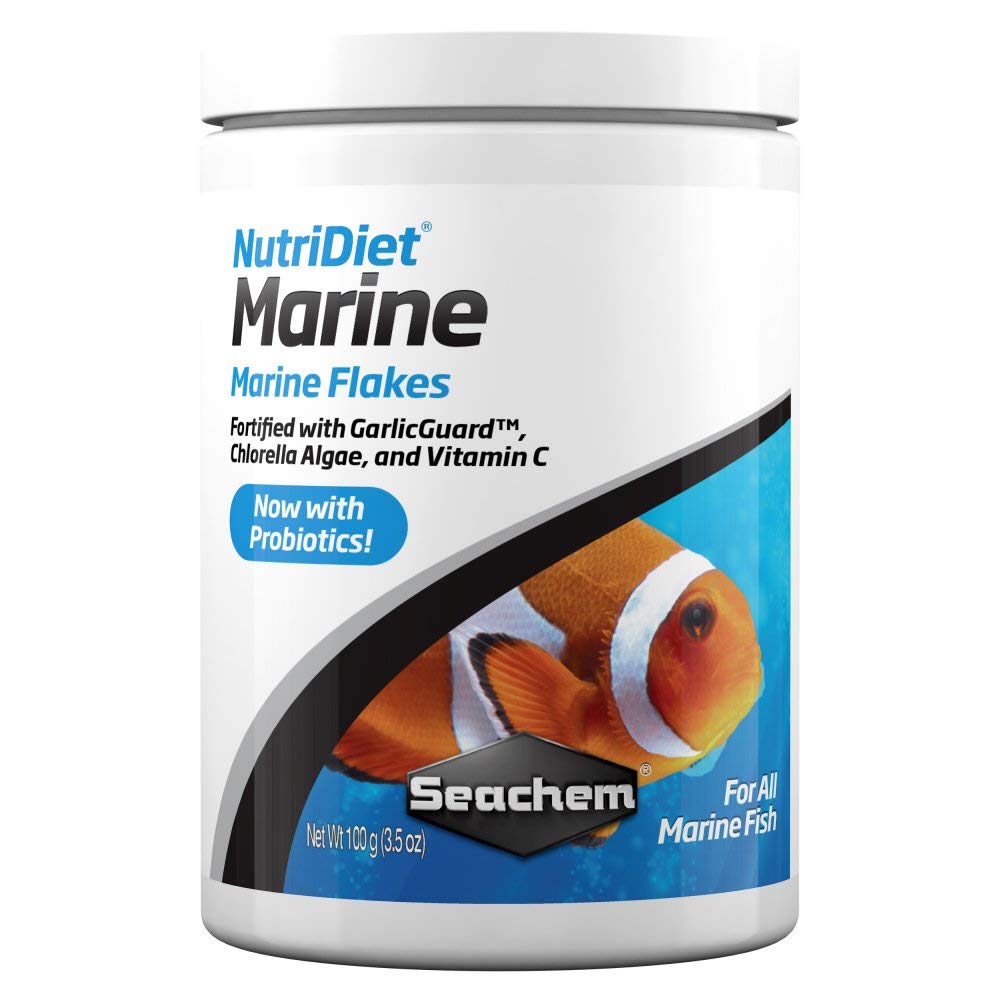 Emballage Seachem Nutridiet Flocons Marins Probiotiques, alimentation équilibrée pour poissons.