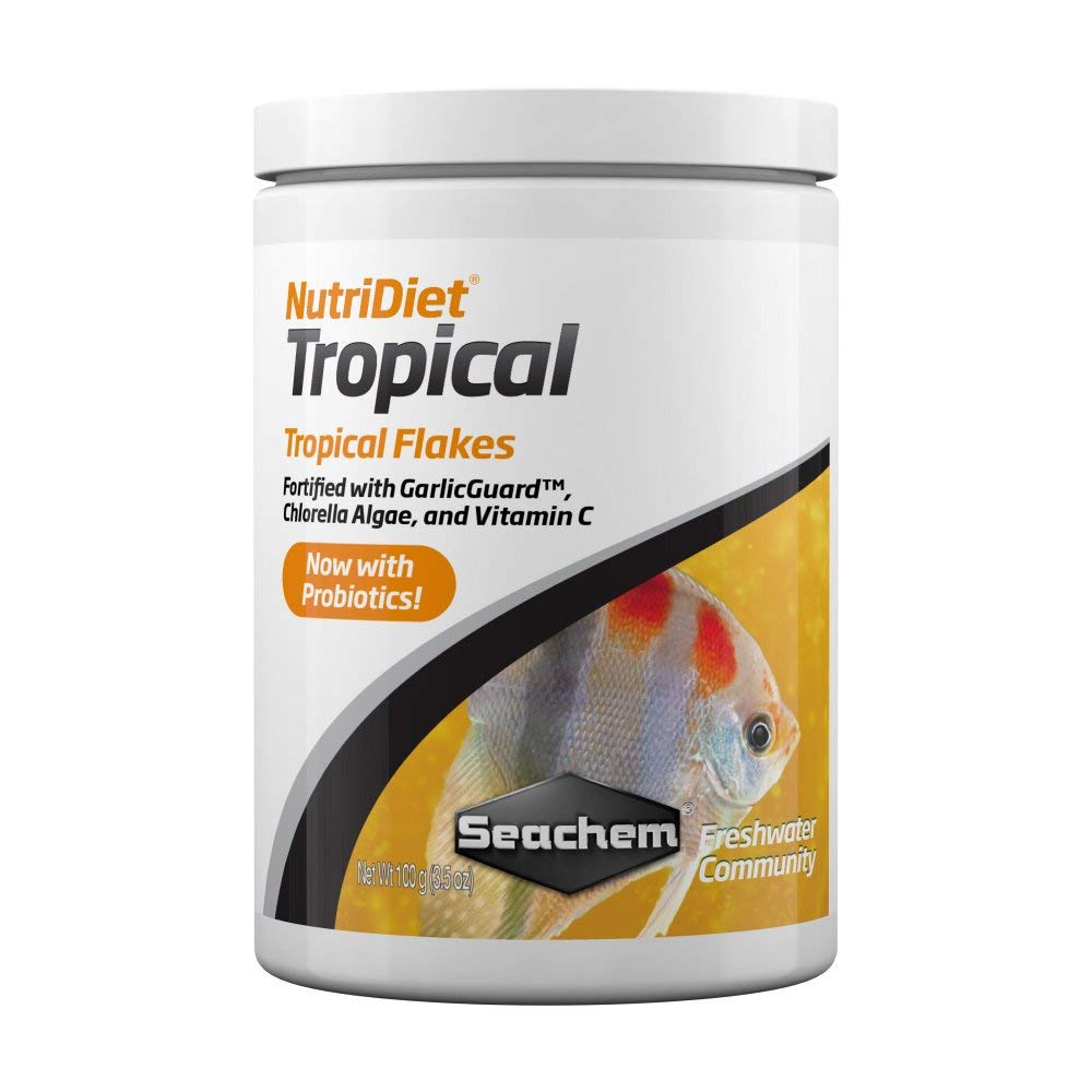 Seachem NutriDiet Tropical Flakes en pose: nourrissant tropical et appétit amélioré pour les poissons.