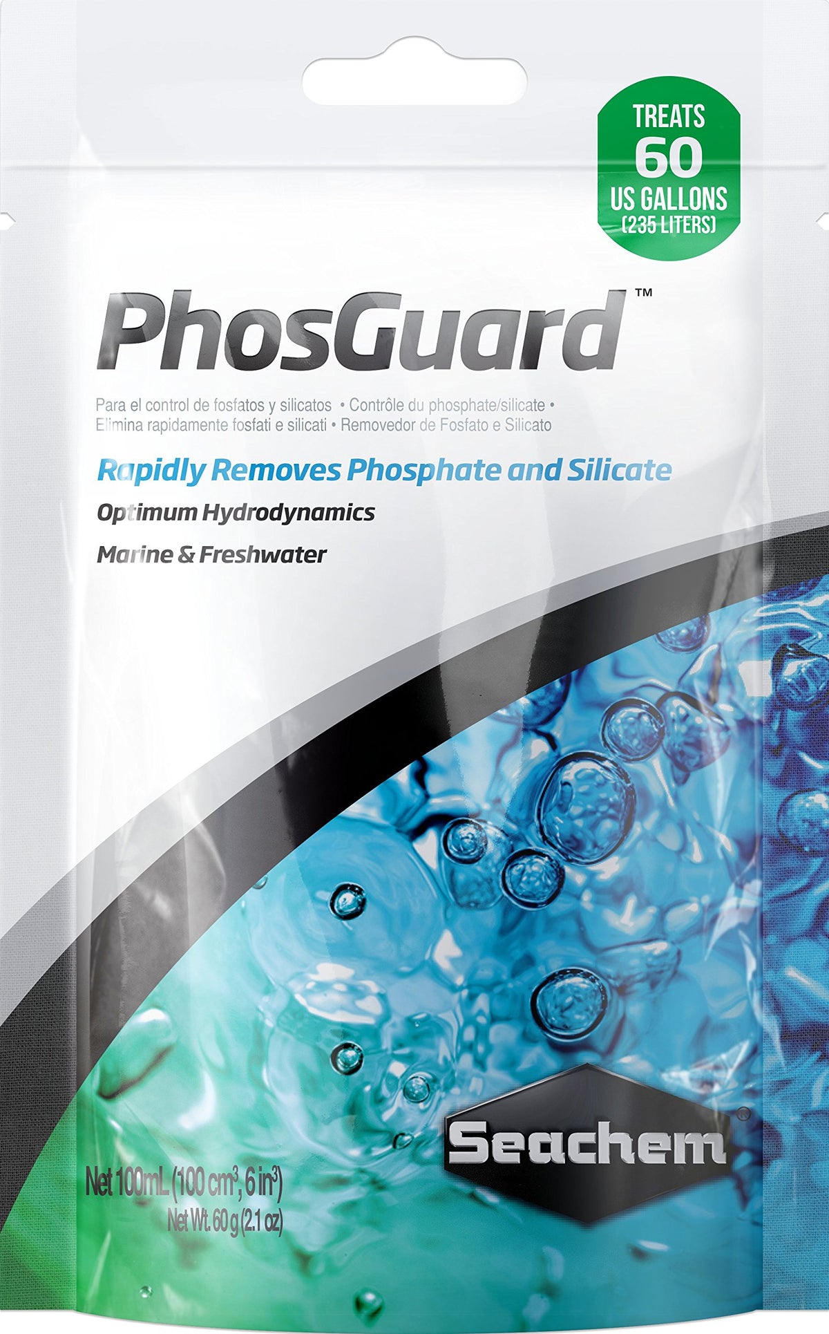 PhosGuard Seachem, sachet purification, élimine phosphate et silicate pour un aquarium sain.