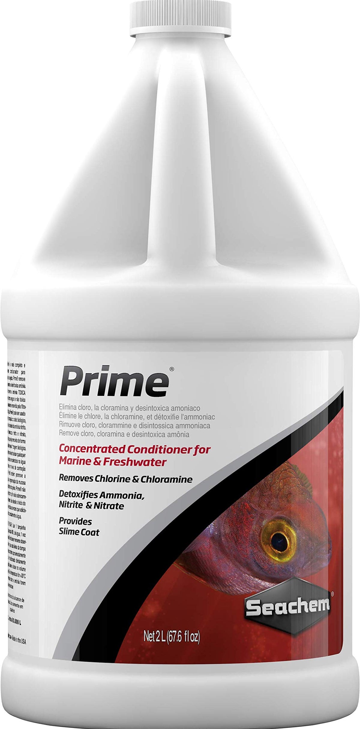 Seachem Prime montre le bouchon 10 ml pour dosage précis.