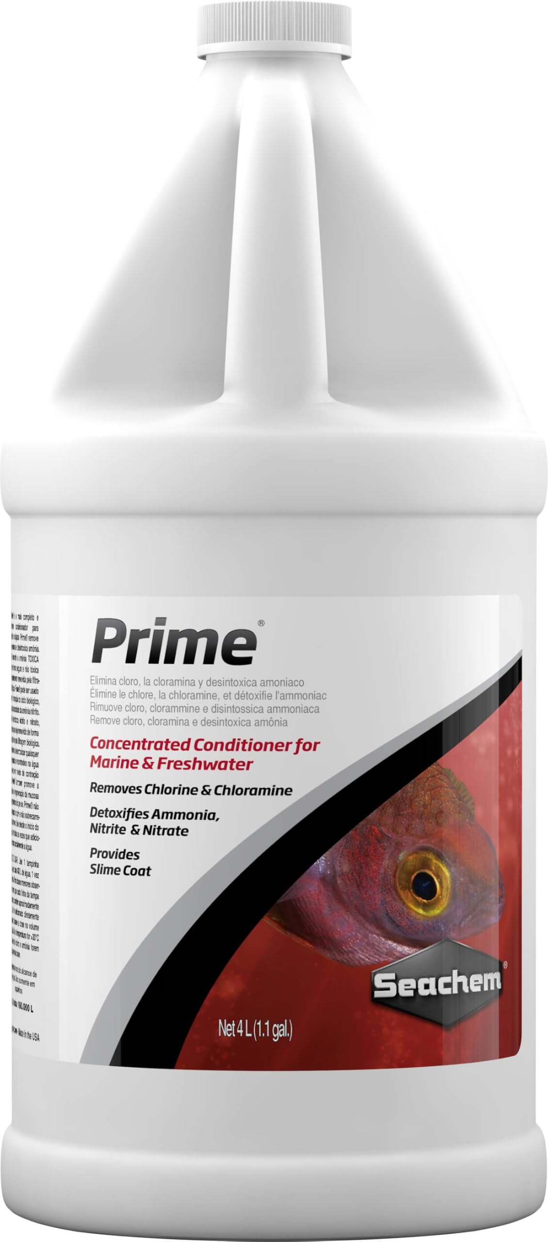 Seachem Prime, bouteille et étiquette visibles, neutralise le chlore pour démarrage sûr.