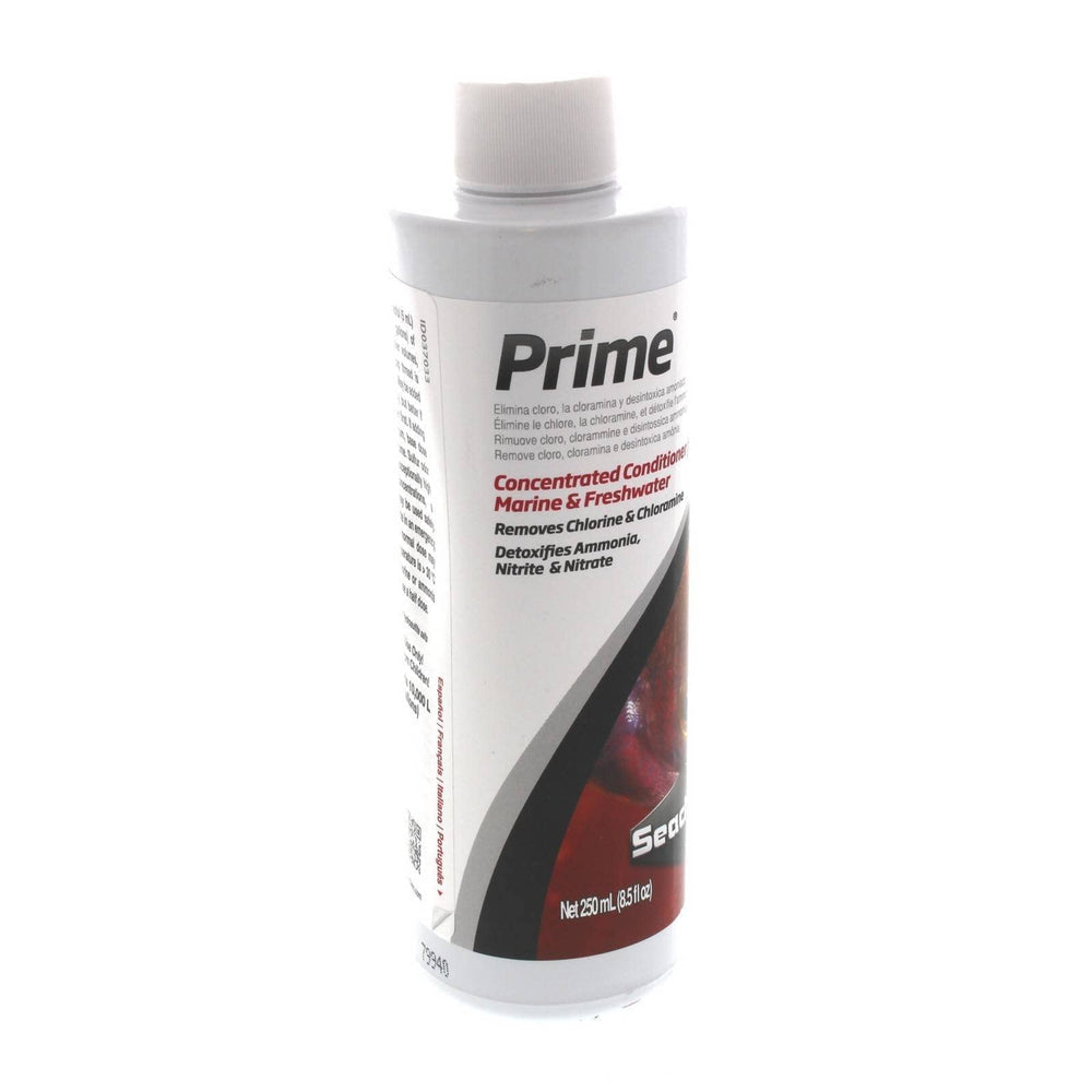 Bouteille ouverte Seachem Prime, montrant le schéma d'utilisation.