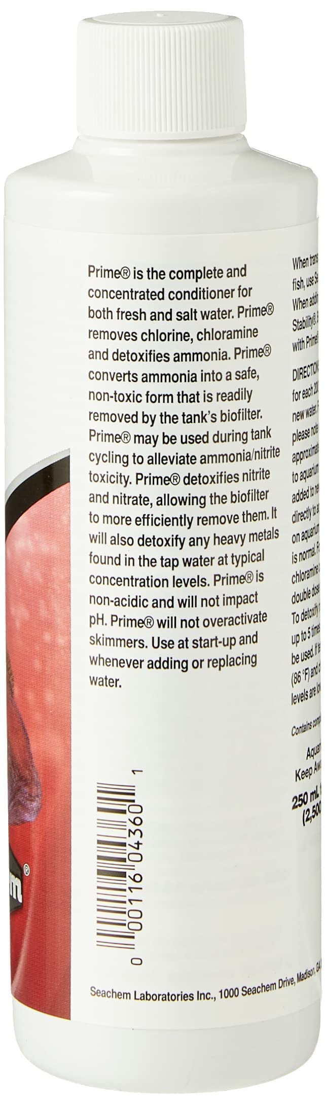 Étiquette Seachem Prime sur la bouteille, confirmant les instructions et les bénéfices potentiels.
