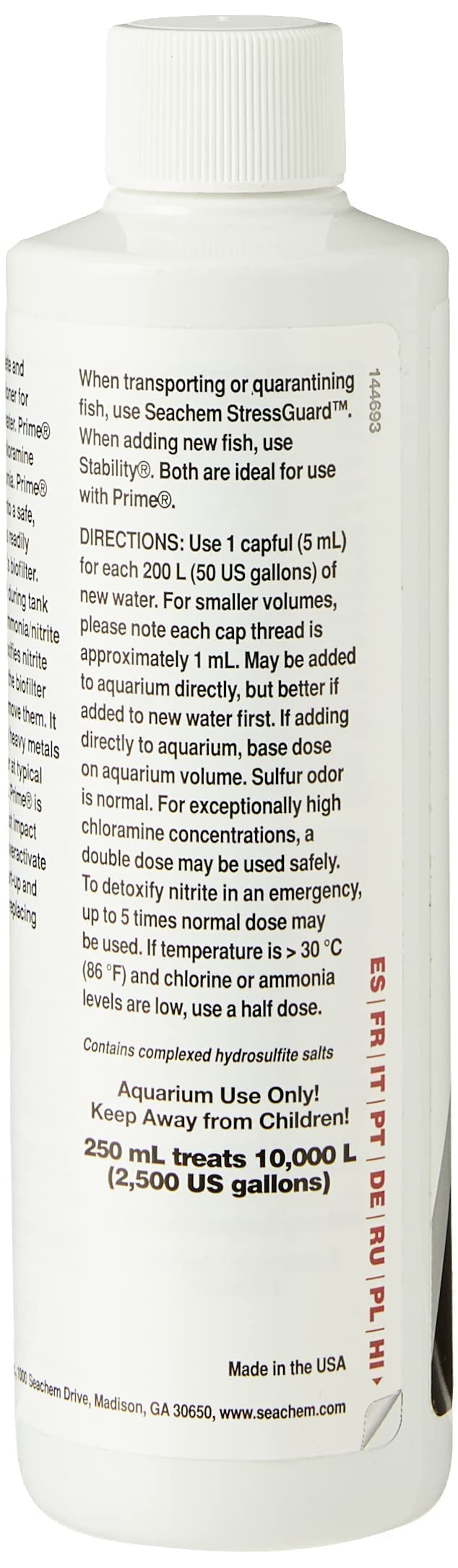 Goutte-dose Seachem Prime prête à ajouter au réservoir pour détoxifier l'eau.