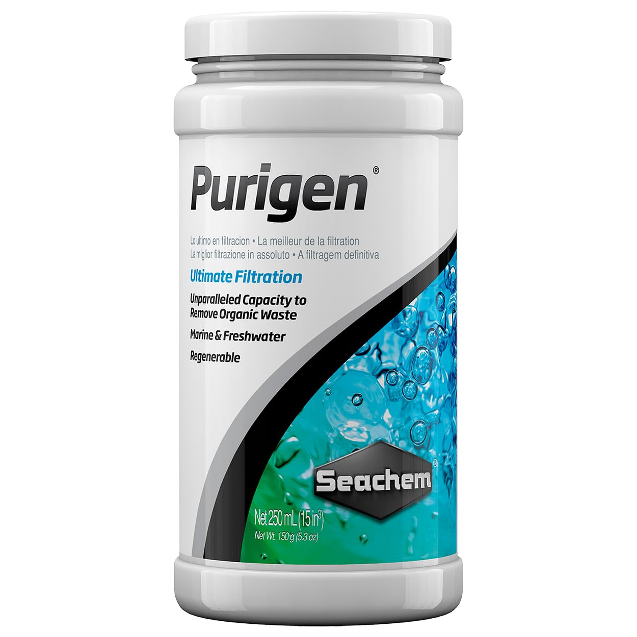 Purigen Seachem: billes macroporiques visibles dans l'emballage, filtration efficace.