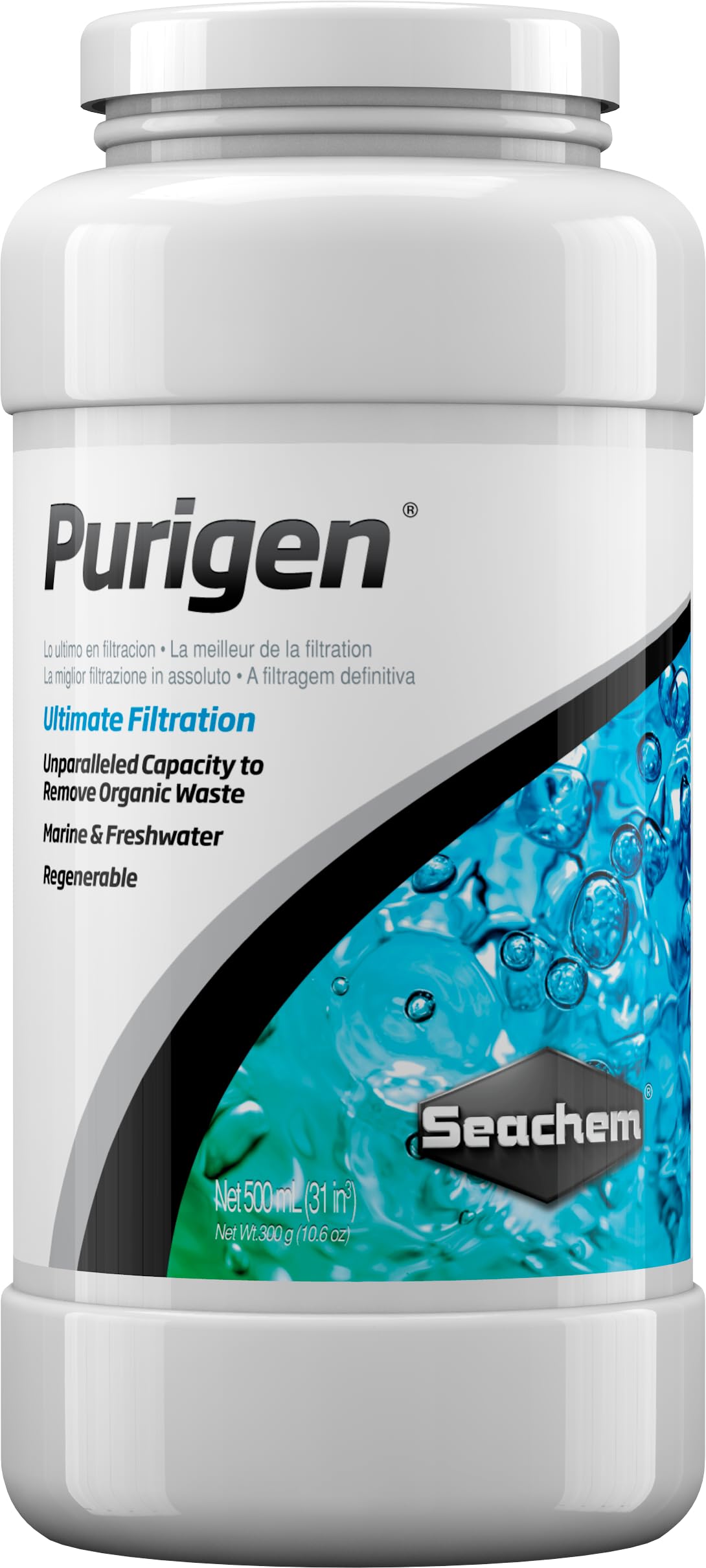 Purigen Seachem en flacon, emballage clair, filtration organique prête à l'emploi.