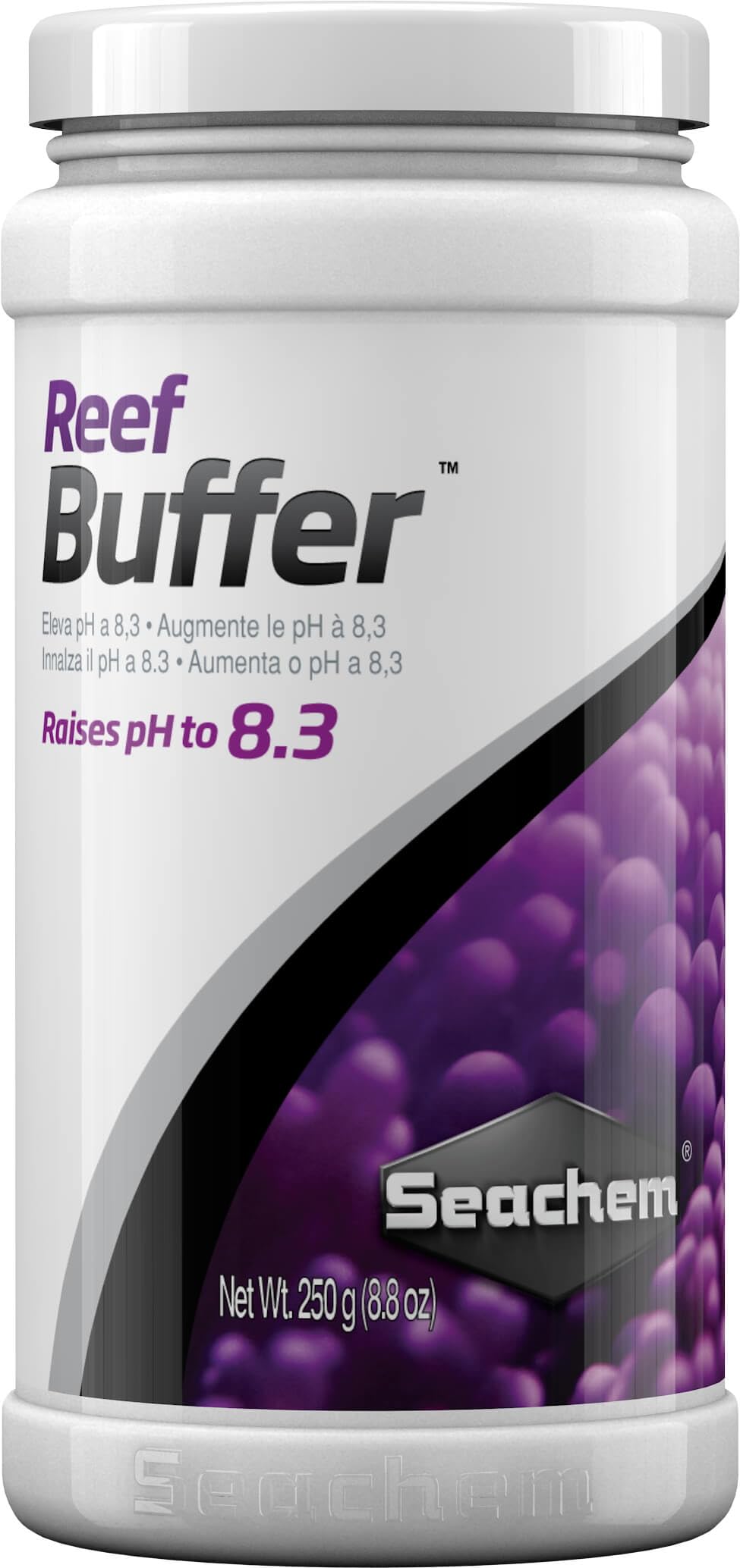 Seachem Reef Buffer dans le bocal, poudre prête à stabiliser le pH du récif.