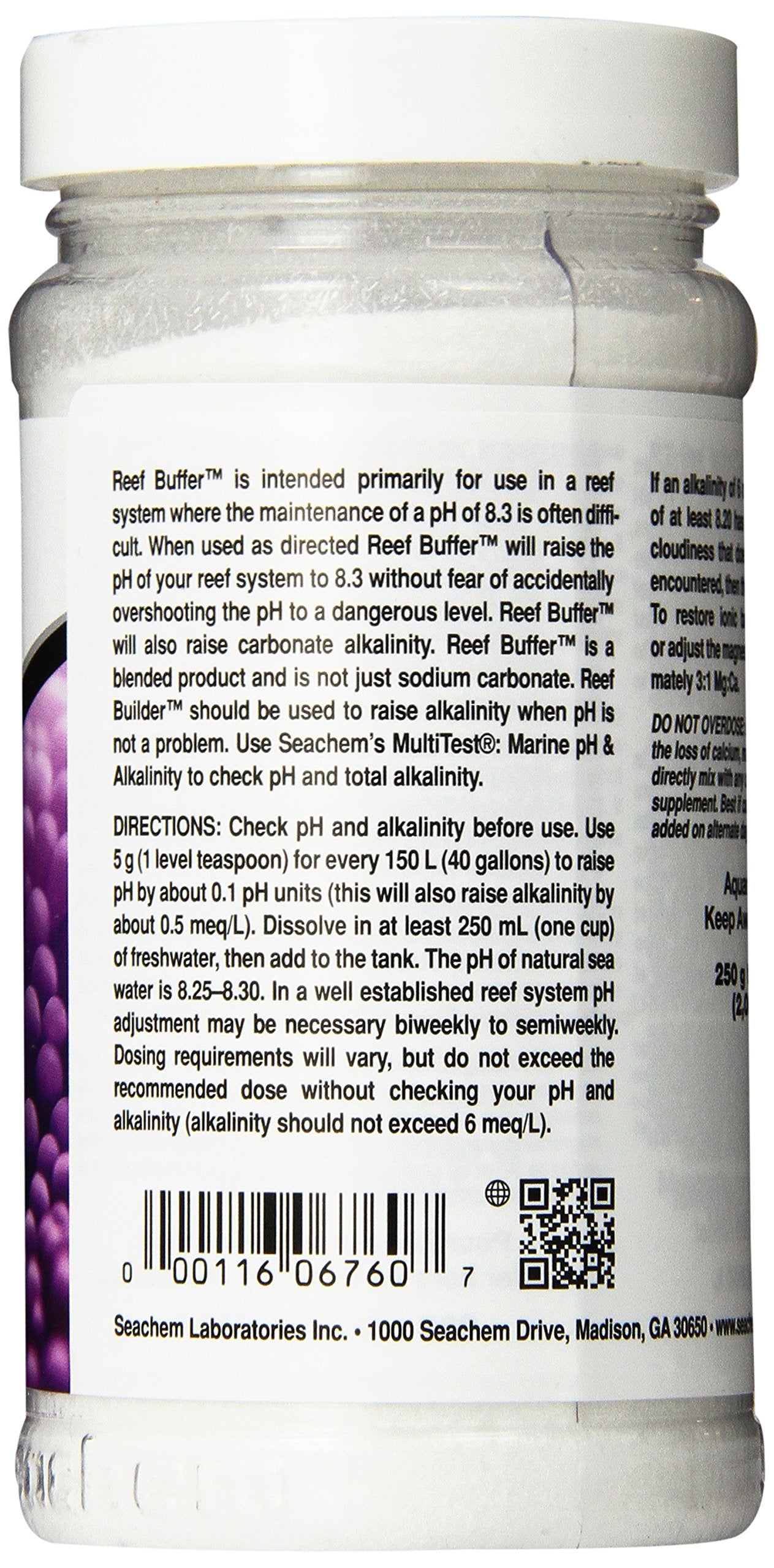 Étiquette du Seachem Reef Buffer affichant dosage et alcalinité.