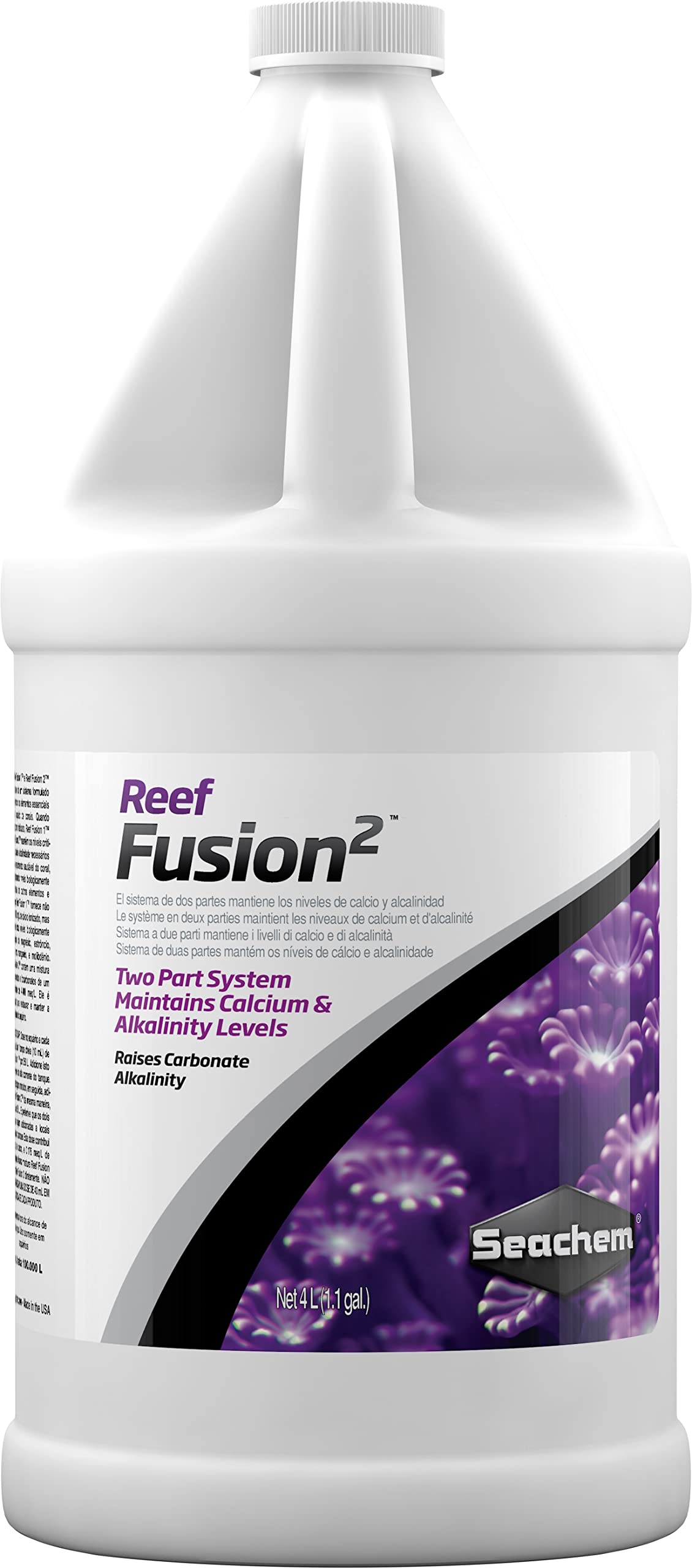 Reef Fusion 1 de Seachem, flacon montrant le calcium ionique utile pour les coraux.