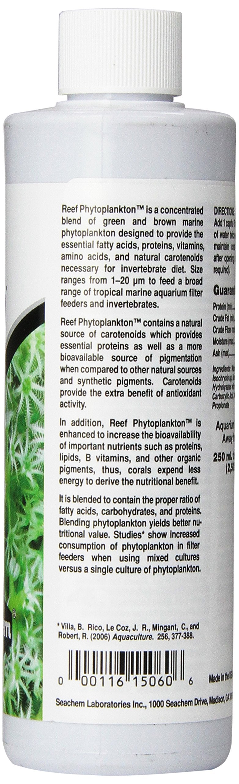 Seachem Reef Phytoplankton – étiquette et emballage clairs facilitant le stockage et le dosage.