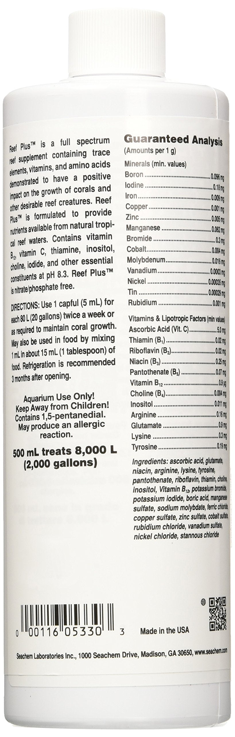 Seachem Reef Plus 500ml – étiquette détaillée avec ingrédients et valeurs nutritives.